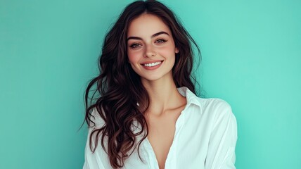Obraz premium Young smiling happy cheerful fun satisfied cool woman she wearing white top shirt casual clothes looking camera isolated on plain pastel light blue cyan background studio portrait. generative ai