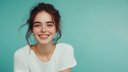 Fototapeta premium Young smiling happy cheerful fun satisfied cool woman she wearing white top shirt casual clothes looking camera isolated on plain pastel light blue cyan background studio portrait. generative ai