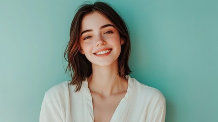 Fototapeta premium Young smiling happy cheerful fun satisfied cool woman she wearing white top shirt casual clothes looking camera isolated on plain pastel light blue cyan background studio portrait. generative ai