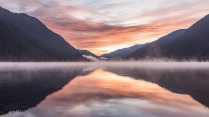 Obraz premium Misty Mountain Lake at Sunrise with Reflections
