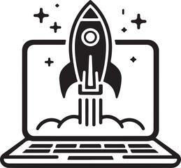 Minimalist rocket icon, laptop computer, black and white line drawing, simple geometric shapes, modern tech logo, startup concept, digital illustration, vector graphics, clean design.