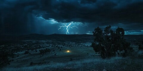 Fototapeta premium Electrifying Nature: Dramatic Ultra-Realistic Footage of Distant Lightning Storm Illuminating Darkened Landscape with Light Flashes
