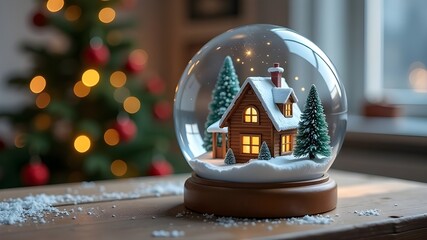 Crystal ball with a house inside against the background of a Christmas tree.