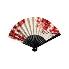 Elegant folding fan with red cherry blossom design on beige paper, perfect for Asian-themed decor or traditional performances.