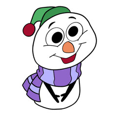 a drawing cute doodle white snowman wearing green hat and politely give a smile greeting