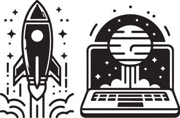 Minimalist rocket icon, laptop computer, black and white line drawing, simple geometric shapes, modern tech logo, startup concept, digital illustration, vector graphics, clean design.