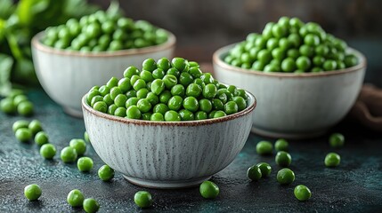 Fresh green peas overflowing from bowls on a rustic tabletop
