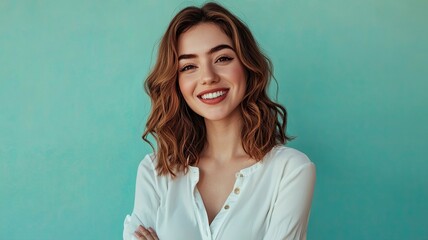 Obraz premium Young smiling happy cheerful fun satisfied cool woman she wearing white top shirt casual clothes looking camera isolated on plain pastel light blue cyan background studio portrait. generative ai