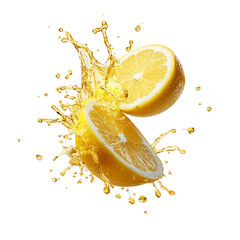 Vibrant sliced lemon splashing yellow juice, isolated on black background. Fresh, juicy, and energetic citrus fruit image.