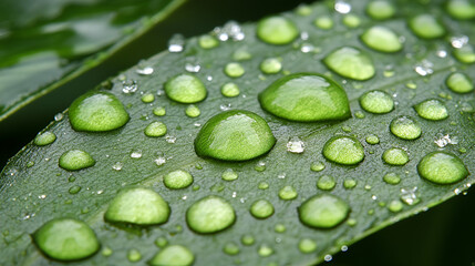 Close-up of green leaves adorned with raindrops showcasing nature's beauty after a refreshing downpour in a lush environment