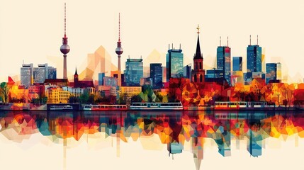 Obraz premium Urban skyline with train on bridge at sunset, vibrant.