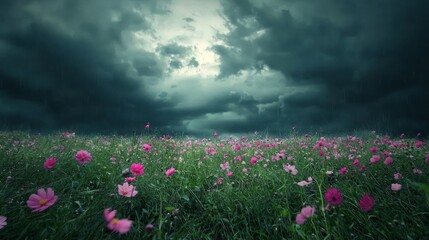 Obraz premium Dramatic Flower Field under Stormy Skies - Nature's Contrasts in Motion