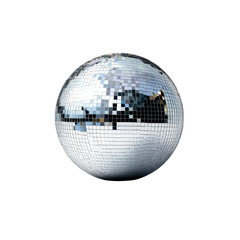 Fototapeta premium Shiny disco ball with mirrored tiles reflecting light, isolated on a white background. Suitable for party, dance, and celebration themes.