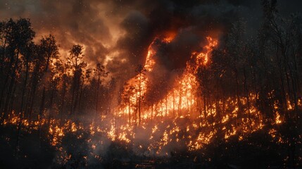 Naklejka premium Intense Wildfire Devastating Forest: Flames Engulfing Trees and Smoke Filling Sky in Realistic Footage