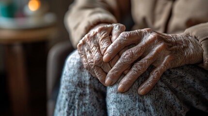 Closeup Wrinkled Hands of Senior Woman Sitting
