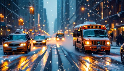 Fototapeta premium A busy city street blanketed in snow, featuring yellow taxis and a bus, with buildings lining the road as snowflakes gently fall.