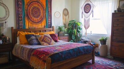 A colorful bedroom with a large tapestry on the wall