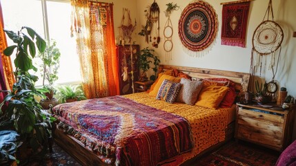 A bedroom with a bed, a nightstand, and a clock