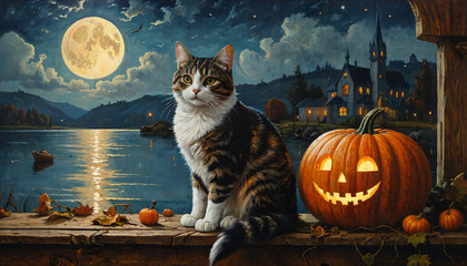 Fototapeta premium Chat et citrouille à la lumière de la pleine lune