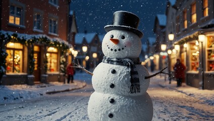  Happy snowman standing in winter christmas town street 