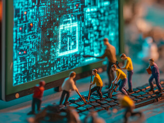 Miniature figures building a secure digital interface on a keyboard