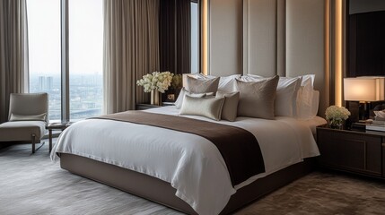 A large bed with a brown bedspread and pillows