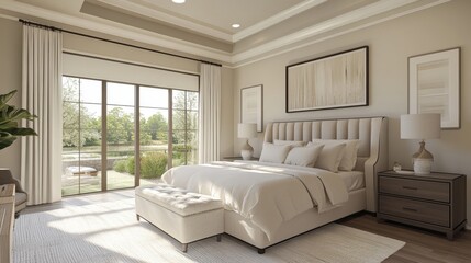 Fototapeta premium A large white bed with a white headboard and white pillows
