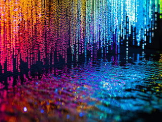 Naklejka premium Vibrant digital light streams in a spectrum of colors reflecting on a surface