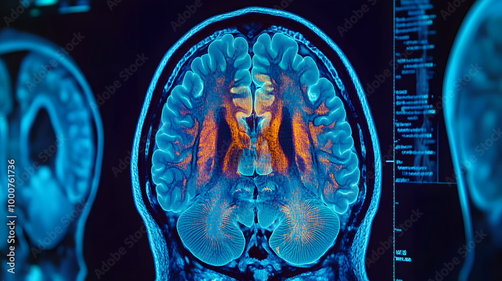 Poster a close-up of a brain scan on a computer screen. the scan shows the structure of the brain in detail
