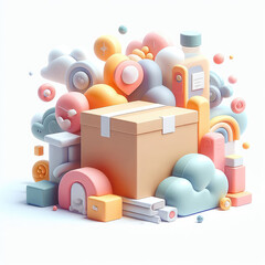 Package box and abstract 3D composition. 3D minimalist cute illustration on a light background.
