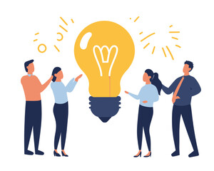 Business Team Collaboration and Sharing Ideas Concept, Flat Minimalist Vector Illustration of Office Workers Brainstorming with Giant Lightbulb Symbolizing Innovation and Teamwork