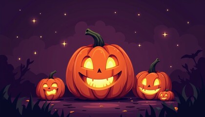 Halloween card, pumpkins with glowing eyes
