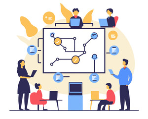 Flat Minimalist Business Process Workflow Diagram with Diverse Team Collaborating on Strategy and Solutions