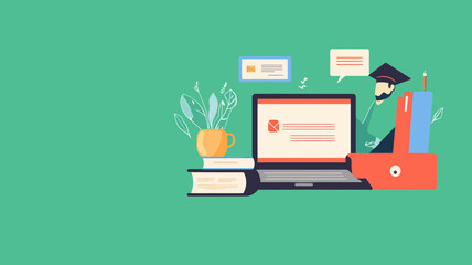 Flat Design Banners for Distance Education and E-Learning with Laptop, Books, and Online Communication Elements