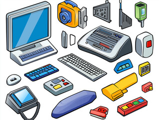 Collection of illustrated computer and electronic devices