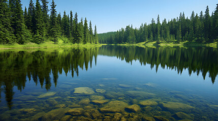 Obraz premium Serene Forest Lake with Crystal Clear Water and Majestic Pine Trees
