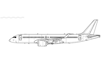 Bombardier CS300. Airbus 220. Vector drawing of short-range, passenger jet airliner. Side view. Image for illustration and infographics.