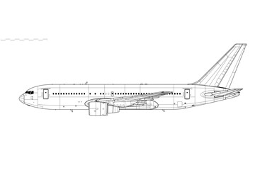 Boeing 767-200ER. Vector drawing of long-range, passenger jet airliner. Side view. Image for illustration and infographics.
