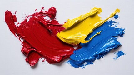 Fototapeta premium A painting of red, yellow, and blue paint splatters on a white background