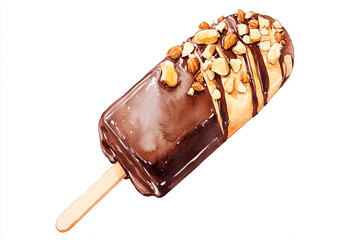Delight in this watercolor illustration of chocolate dipped ice cream bar, topped with crunchy nuts and drizzled with chocolate. sweet treat that evokes joy!