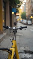 Obraz premium yellow bicycle parked on the side of the road in front of a building