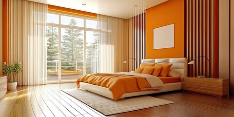 modern orange and cream bedroom with elegant minimalist buffet near wooden vertical panels partition and unique wood floor 