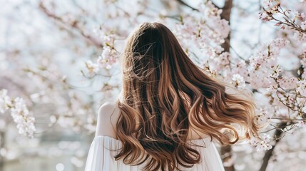 Beautiful young woman with long curly blonde hair from behind holding blooming branch of sakura tree