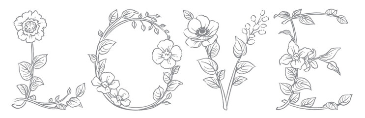 お花のスケッチ風、デザイン文字で作ったLOVE。ベクター素材。