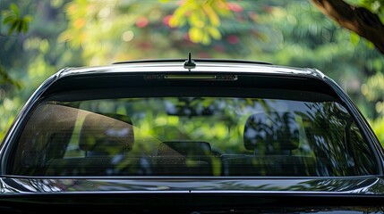 Black Car Rear Window with Blurred Green Background