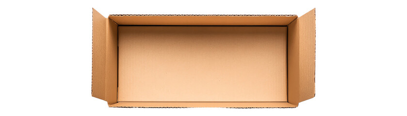 Fototapeta premium Empty cardboard box with flaps opened isolated on transparent background