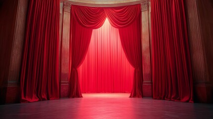 Red velvet curtains with ornate trim on a stage with wooden floor.