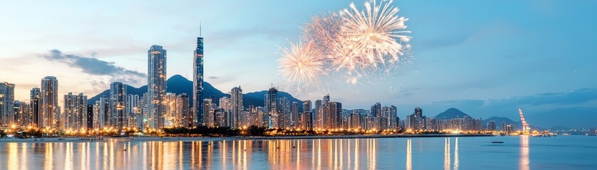 Fototapeta premium Glittering Cityscape: New Year's Eve Celebration with Fireworks Display