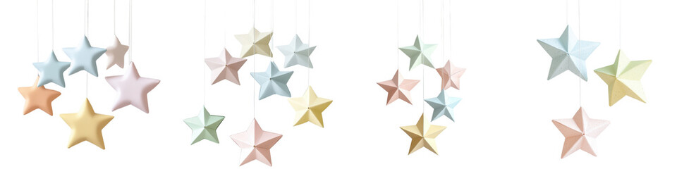 Obraz premium Elegant hanging pastel colored decorative stars in a minimalist geometric design The multi colored ornaments are suspended against a bright airy background creating a whimsical