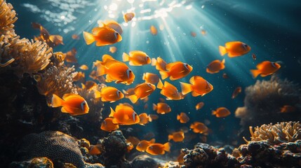 Colorful School of Fish Swimming in Unison Through a Coral Reef Generative AI